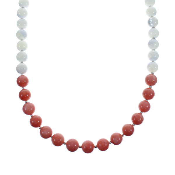 Sterling Silver Pink Coral and Mother of Pearl Bead Necklace JX126893